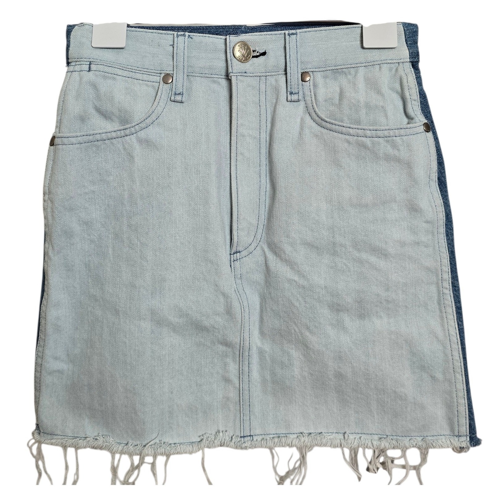 Rag & Bone Two Tone Denim Mini Skirt Sz 24 Raw Fringe Hem High Rise Womens